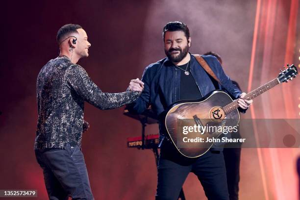 Kane Brown and Chris Young perform during the 55th Annual Country Music Association Awards at Bridgestone Arena on November 10, 2021 in Nashville,...