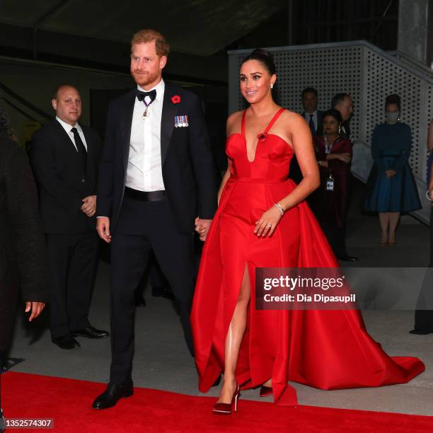 Prince Harry, Duke of Sussex and Meghan, Duchess of Sussex attend the 2021 Salute To Freedom Gala at Intrepid Sea-Air-Space Museum on November 10,...