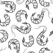 Fresh shrimps seamless vector pattern. Hand-drawn illustration. Seafood sketch. Shell-on marine animals, peeled. Crustacean engraving. Monochrome background Mediterranean cuisine.