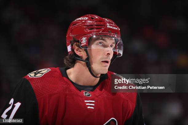Loui Eriksson of the Arizona Coyotes looks up during the second period of the NHL game against the Minnesota Wild at Gila River Arena on November 10,...