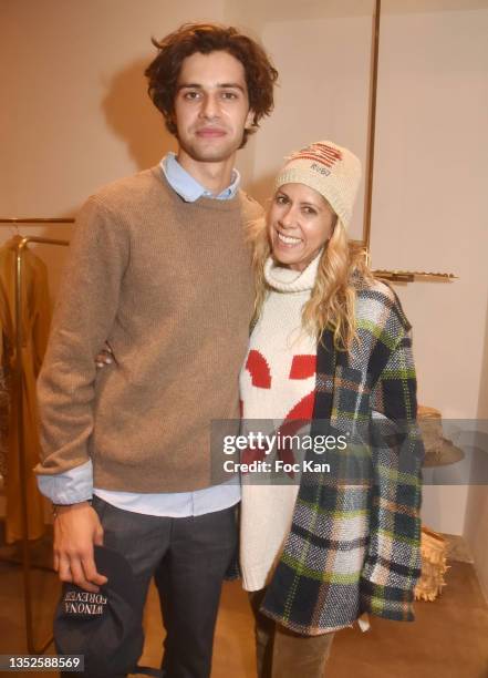 Rachel Bourlier from C8 Tpmp And Her Son Actor Liam Hellmann attend Marie Perron Painting Preview at Antik Batik on November 10, 2021 in Paris,...