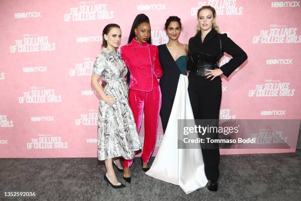 Pauline Chalamet, Alyah Chanelle Scott, Amrit Kaur, Reneé Rapp attend the Los Angeles Premiere Of HBO Max's "The Sex Lives Of College Girls" at...