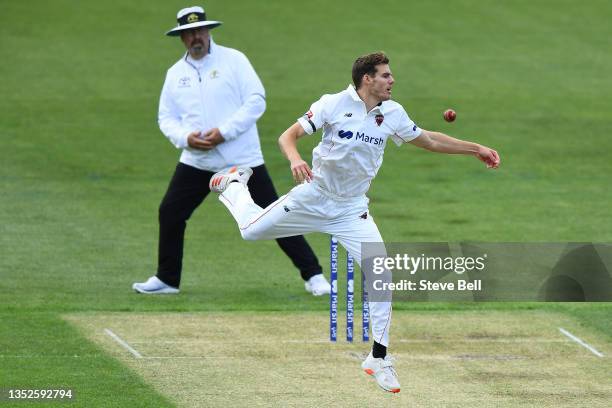 Nick Winter of the Redbacks fields the ball during day two of the Sheffield Shield match between Tasmania and South Australia at Blundstone Arena, on...