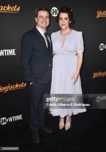 Jason Ritter and Melanie Lynskey attends the Premiere Of Showtime's "Yellowjackets" at Hollywood American Legion on November 10, 2021 in Los Angeles,...