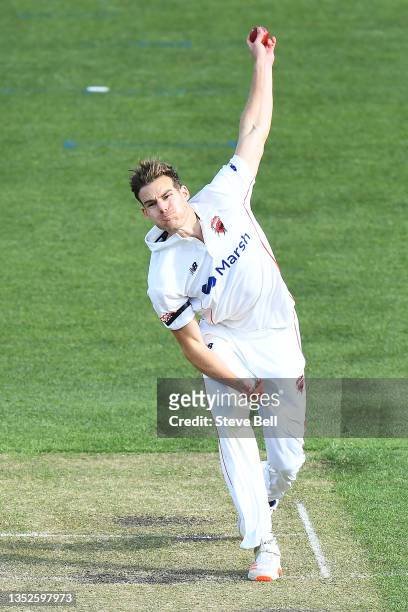 Nick Winter of the Redbacks bowls during day two of the Sheffield Shield match between Tasmania and South Australia at Blundstone Arena, on November...
