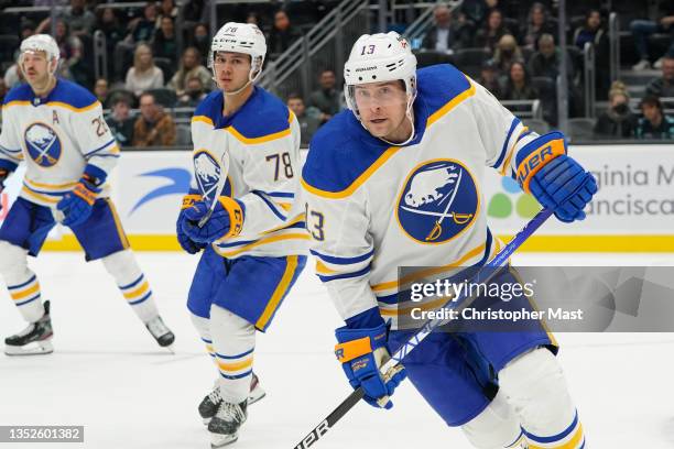 Mark Pysyk of the Buffalo Sabres chases the puck during the third period of a game between the Buffalo Sabres and the Seattle Kraken at Climate...