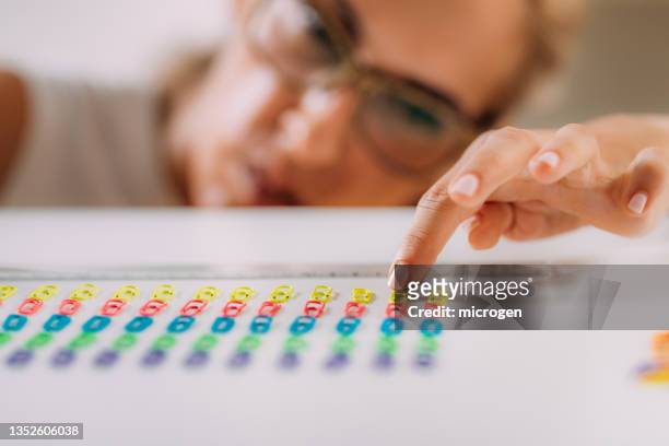 woman with ocd. obsessive compulsive disorder concept. placing paperclips in a straight line. - perfezione foto e immagini stock