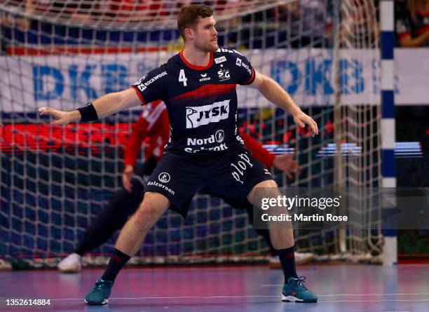 Johannes Golla of SG Flensburg-Handewitt reacts during the LIQUI MOLY HBL match between SG Flensburg-Handewitt and Füchse Berlin at Flensarena on...