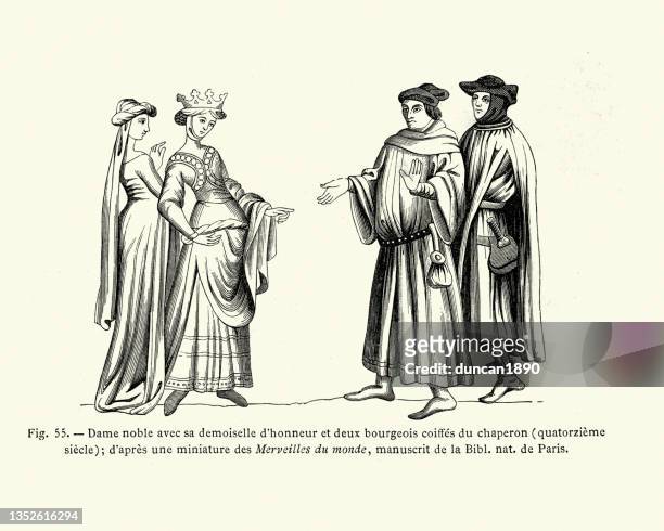 ilustrações de stock, clip art, desenhos animados e ícones de noble lady and maid with two bourgeois men, 14th century fashion - estereótipo de classe média