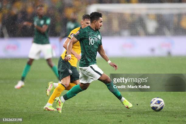 Salem Aldawsari of Saudi Arabia passes during the FIFA World Cup AFC Asian Qualifier match between the Australia Socceroos and Saudi Arabia at...