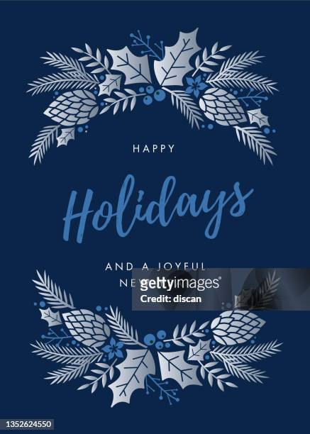 happy holidays card mit kranz. - silver metal stock-grafiken, -clipart, -cartoons und -symbole