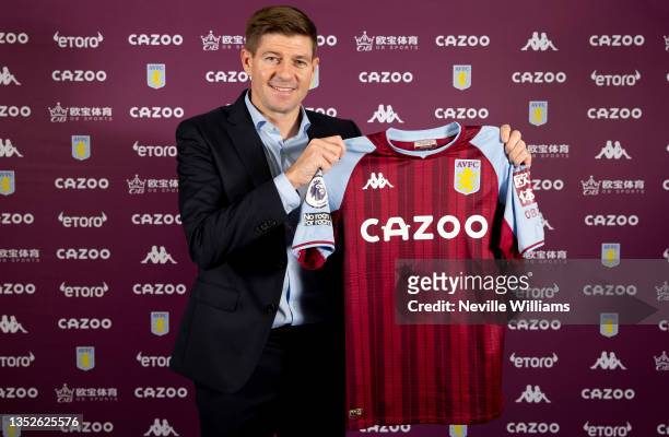 Steven Gerrard is unveiled as the new head coach of Aston Villa at Bodymoor Heath training ground on November 11, 2021 in Birmingham, England.
