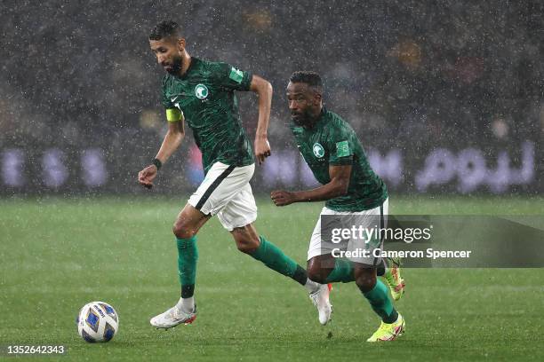 Salman Alfaraj of Saudi Arabia makes a break during the FIFA World Cup AFC Asian Qualifier match between the Australia Socceroos and Saudi Arabia at...