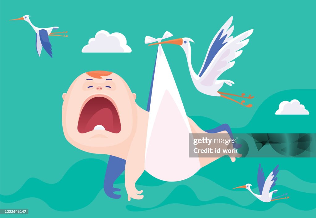 Stork delivering gigantic crying baby
