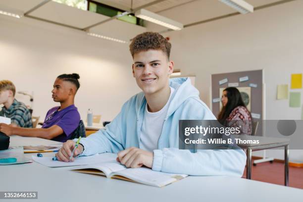 portrait of high school student working at his desk - achttien jaar stockfoto's en -beelden