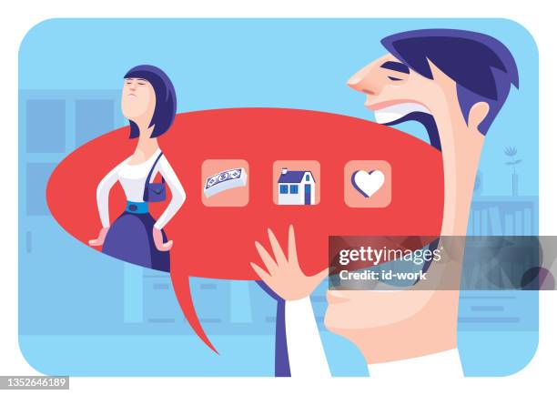 man eating speech bubble with displeased woman - stubborn stock illustrations