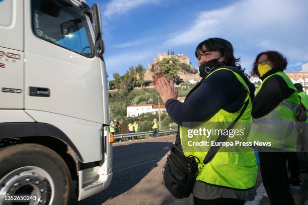 Two women participate in a road blockade called for not receiving their paychecks, on 11 November, 2021 in Alburquerque, Badajoz, Extremadura, Spain....