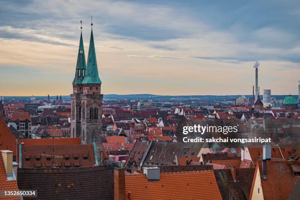 scenic view of the old town in nuremberg city during sunrise, germany, europe - nuremberg stock-fotos und bilder