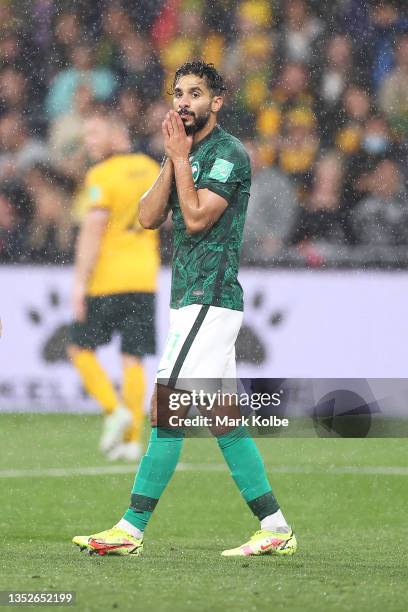 Saleh Khalid Alshehri of Saudi Arabia reacts after a missed shot at goal during the FIFA World Cup AFC Asian Qualifier match between the Australia...