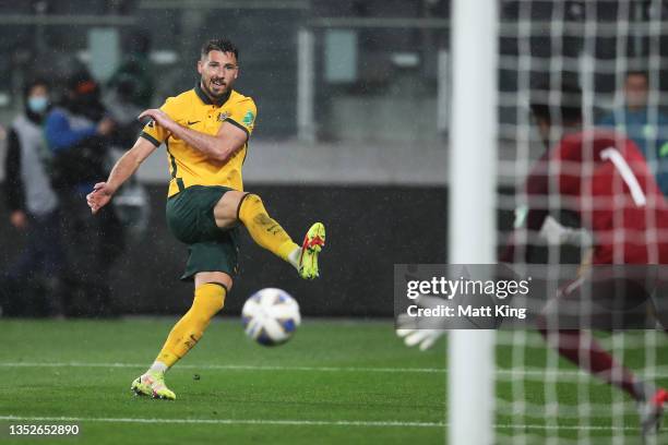 Matthew Leckie of Australia takes a shot on goal during the FIFA World Cup AFC Asian Qualifier match between the Australia Socceroos and Saudi Arabia...