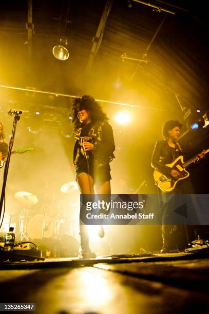 Lovefoxx and Ana Rezende of CSS perform on stage at Heaven on December 7, 2011 in London, United Kingdom.