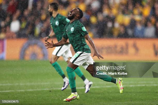 Fhad Mosaed Almuwallad of Saudi Arabia reacts after a missed shot at goal during the FIFA World Cup AFC Asian Qualifier match between the Australia...