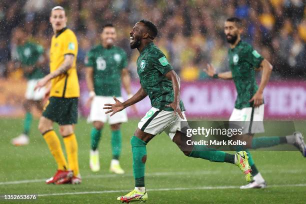 Fhad Mosaed Almuwallad of Saudi Arabia reacts after a missed shot at goal during the FIFA World Cup AFC Asian Qualifier match between the Australia...