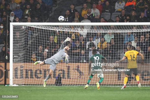 Matthew Ryan of the Socceroos saves a goal during the FIFA World Cup AFC Asian Qualifier match between the Australia Socceroos and Saudi Arabia at...