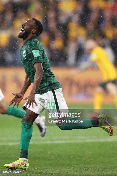 Fhad Mosaed Almuwallad of Saudi Arabia reacts after a missed shot at goal during the FIFA World Cup AFC Asian Qualifier match between the Australia...