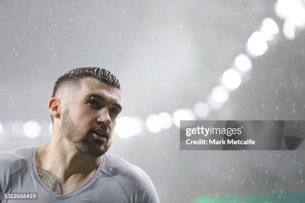 Mathew Ryan of Australia talks to fans after the FIFA World Cup AFC Asian Qualifier match between the Australia Socceroos and Saudi Arabia at...