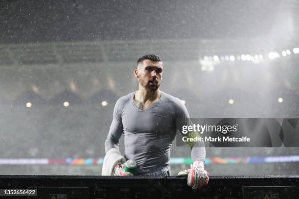 Mathew Ryan of Australia talks to fans after the FIFA World Cup AFC Asian Qualifier match between the Australia Socceroos and Saudi Arabia at...