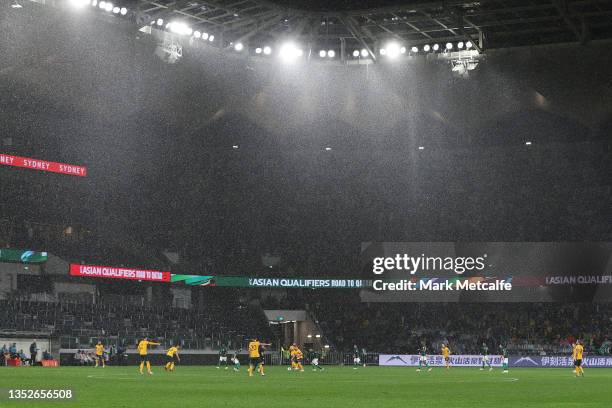 General view of play as rain falls during the FIFA World Cup AFC Asian Qualifier match between the Australia Socceroos and Saudi Arabia at CommBank...