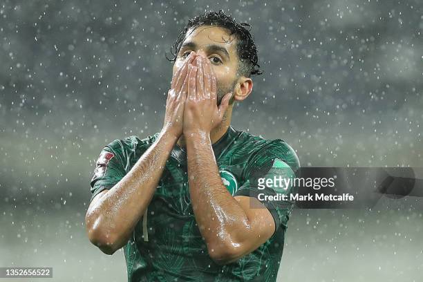 Saleh Khalid Alshehri of Saudi Arabia reacts during the FIFA World Cup AFC Asian Qualifier match between the Australia Socceroos and Saudi Arabia at...
