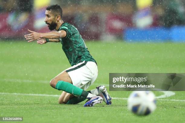 Salman Alfaraj of Saudi Arabia reacts after shooting during the FIFA World Cup AFC Asian Qualifier match between the Australia Socceroos and Saudi...