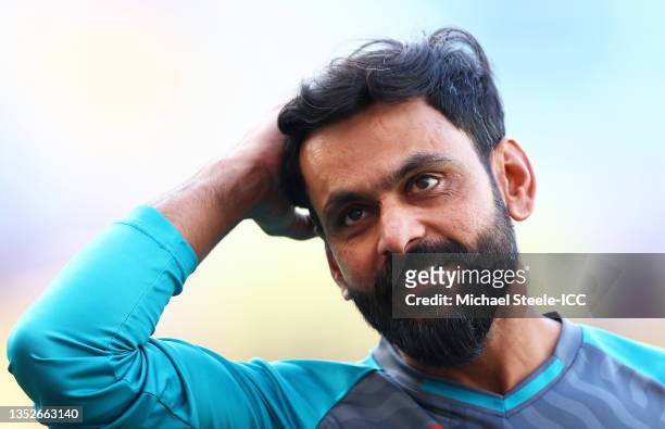 Mohammad Hafeez of Pakistan looks on as they are interviewed ahead of the ICC Men's T20 World Cup semi-final match between Pakistan and Australia at...