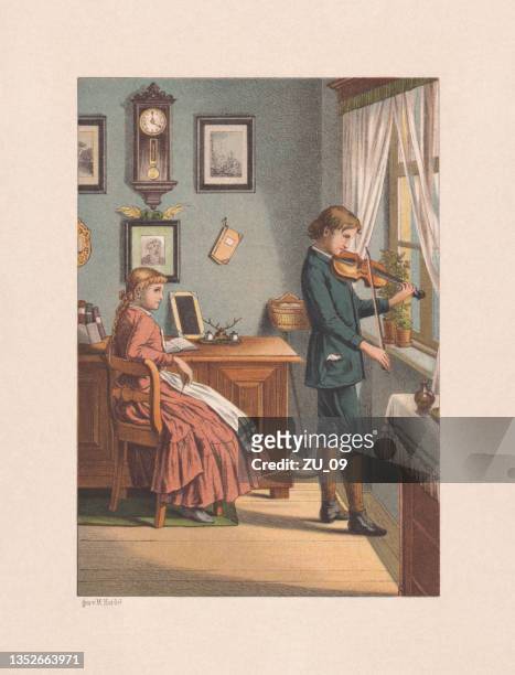 siblings at home, boy playing the violin, chromolithograph, published 1890 - boy violin stock illustrations