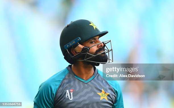 Mohammad Hafeez of Pakistan warms up ahead of the ICC Men's T20 World Cup semi-final match between Pakistan and Australia at Dubai International...