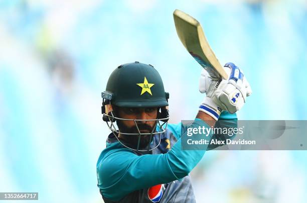 Mohammad Hafeez of Pakistan warms up ahead of the ICC Men's T20 World Cup semi-final match between Pakistan and Australia at Dubai International...