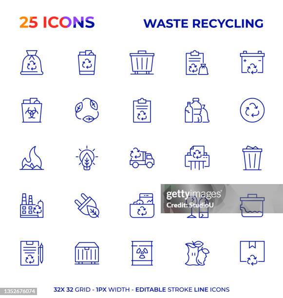 abfallrecycling editable stroke line icon serie - recycling stock-grafiken, -clipart, -cartoons und -symbole