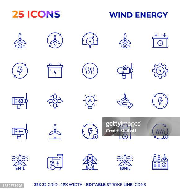 bearbeitbare strichlinien-icon-serie für windenergie - elektrischer generator stock-grafiken, -clipart, -cartoons und -symbole