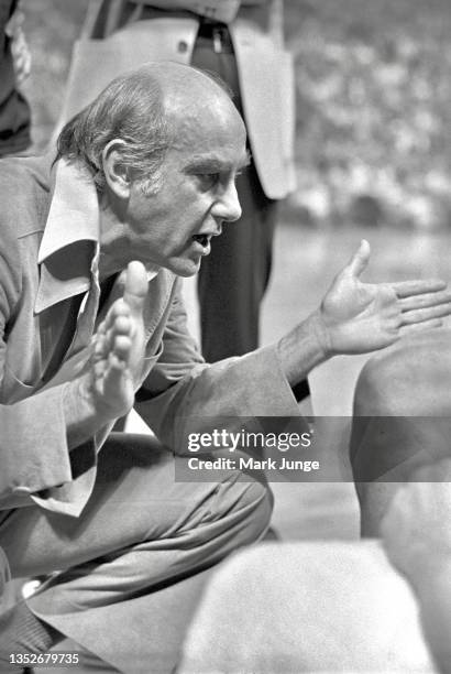 Portland Trail Blazers head coach Jack Ramsay exhorts his players at the bench during an NBA playoff game against the Denver Nuggets at McNichols...