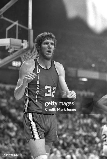 Portland Trail Blazers center Bill Walton walks toward the sideline during an NBA playoff game between the Denver Nuggets and the Portland Trail...