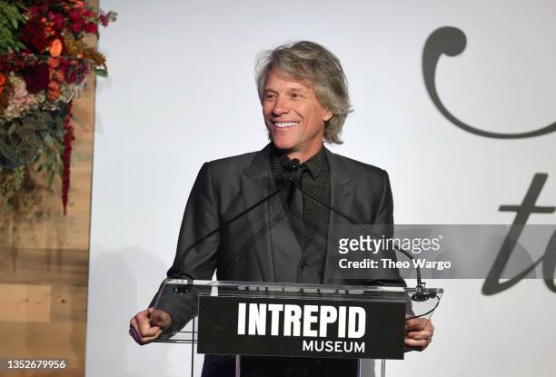 Recipient of the Intrepid Lifetime Achievement Award Jon Bon Jovi speaks on stage as Intrepid Museum hosts Annual Salute To Freedom Gala on November...