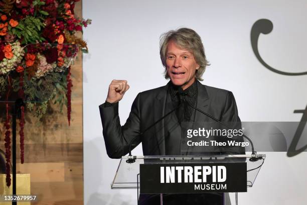 Recipient of the Intrepid Lifetime Achievement Award Jon Bon Jovi speaks on stage as Intrepid Museum hosts Annual Salute To Freedom Gala on November...
