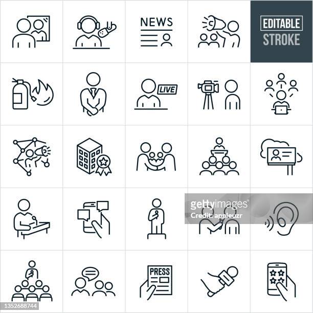 public relations thin line icons - editable stroke - interview event stock illustrations
