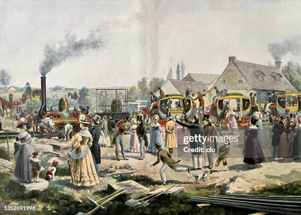 first passenger transport on the english railway line stockton - darlington - girls on train track stock illustrations
