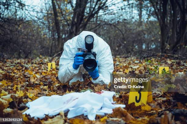 forensic scientist working at crime scene - forensisch onderzoek stockfoto's en -beelden