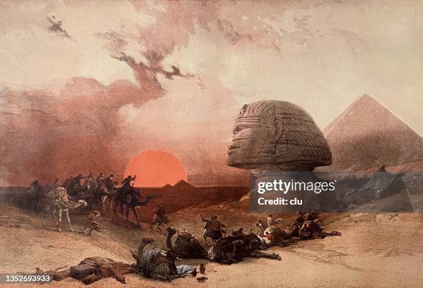 trade in egypt: a caravan rest at the cheops pyramid and the shynx colossus near giza - sphynx cat stock illustrations