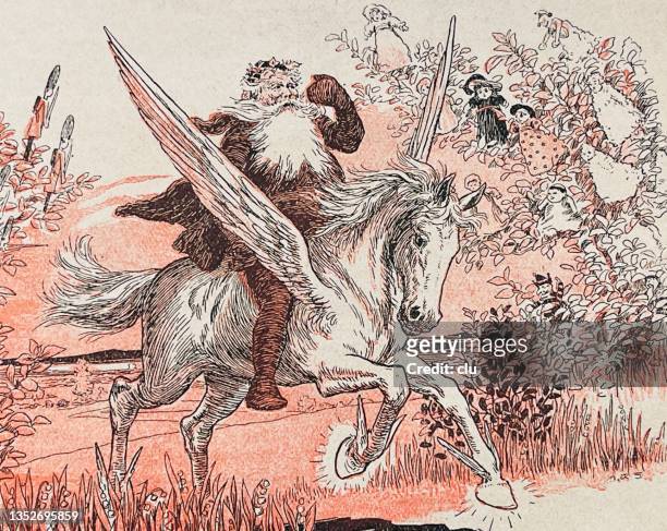 santa claus riding on a horse with wings, pegasus - archival christmas stock illustrations