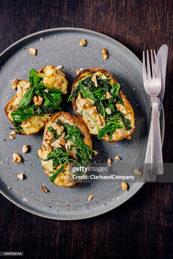 Stuffed Potato Skins with Spinacha and Gorgonzola Cheese